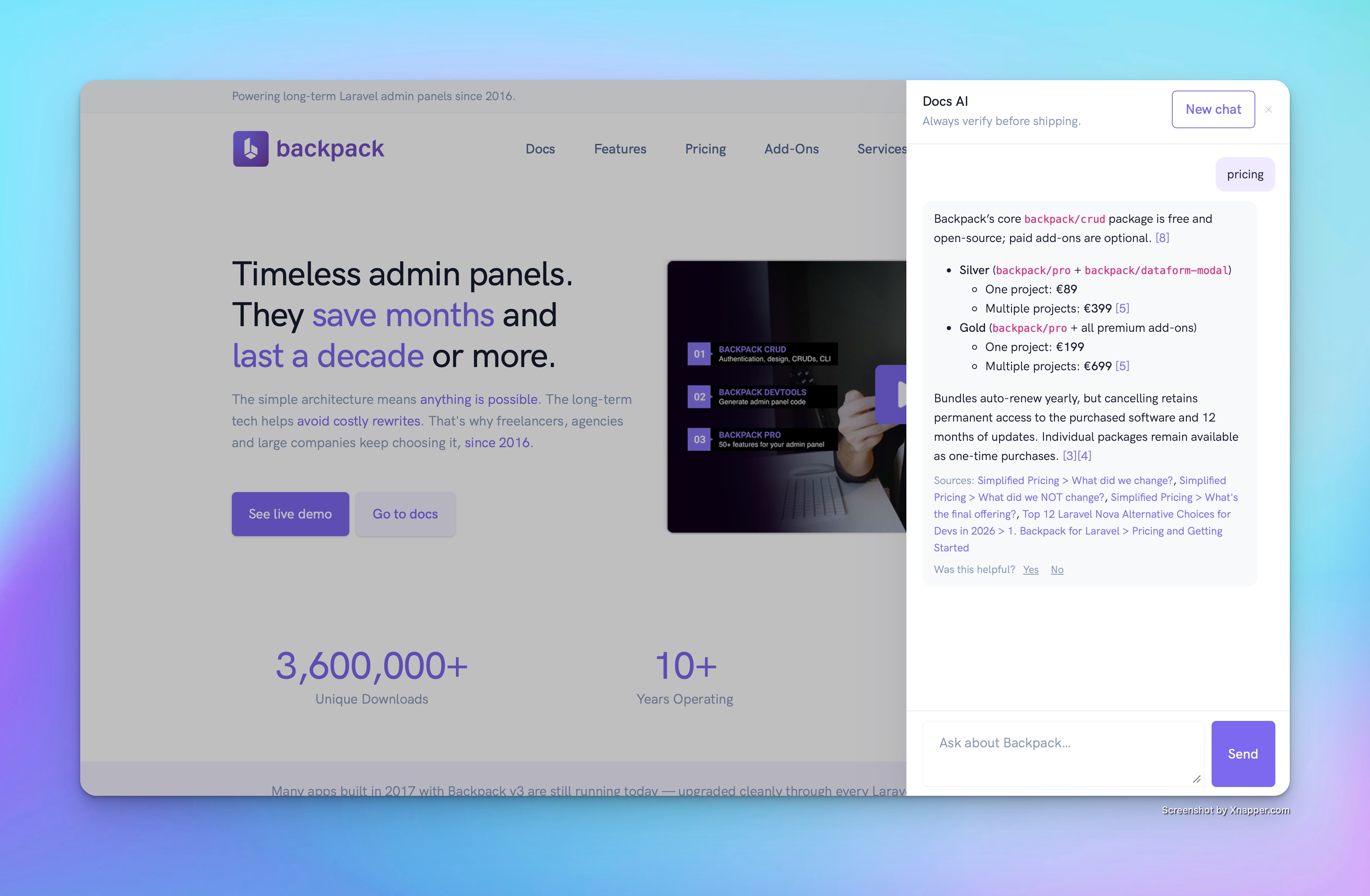 Docs AI chat on backpackforlaravel.com