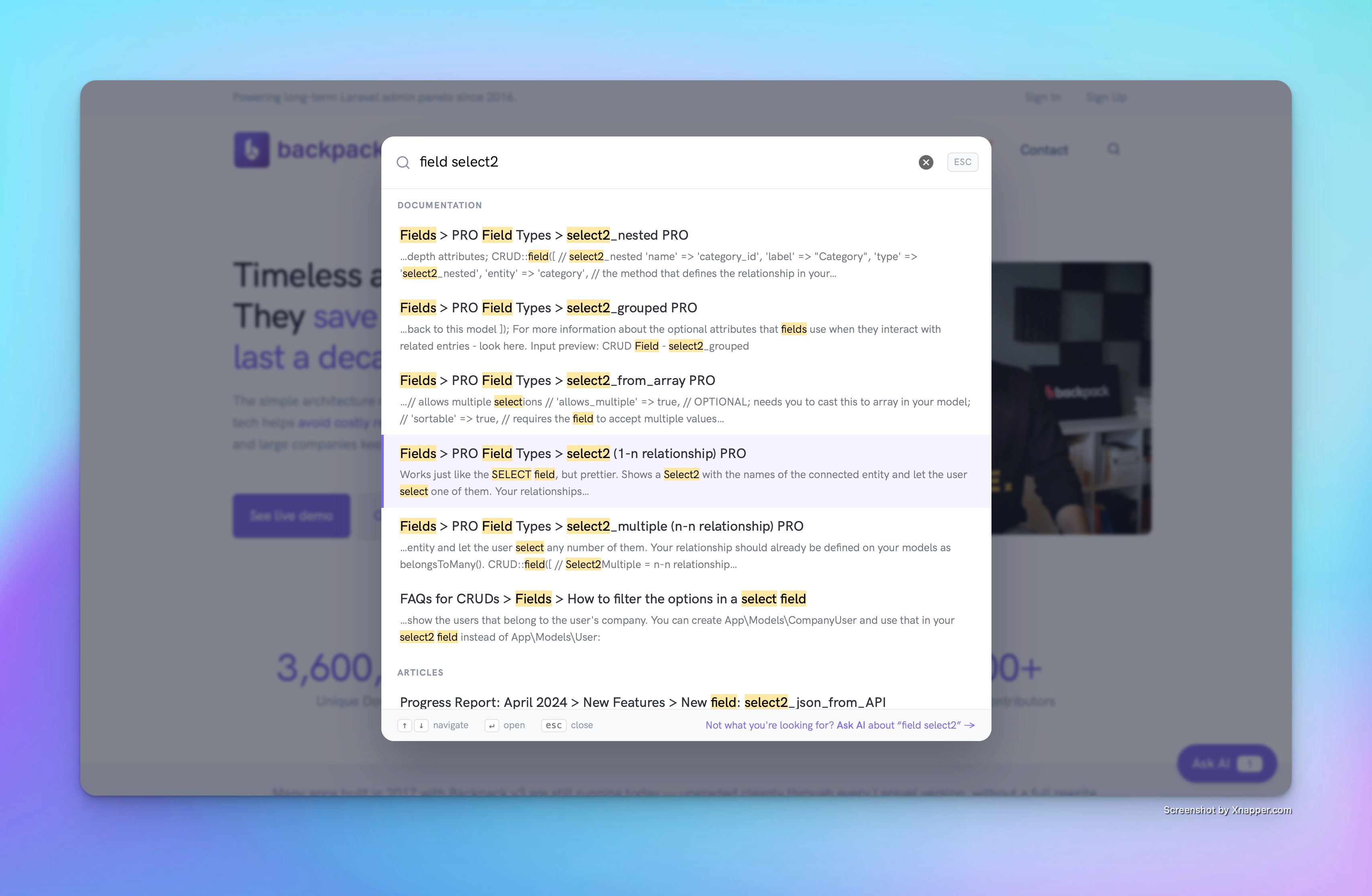 Site-wide search on backpackforlaravel.com