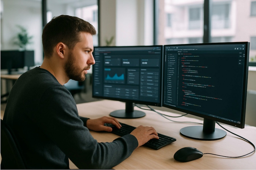Developer coding a Laravel admin panel in PHP and HTML